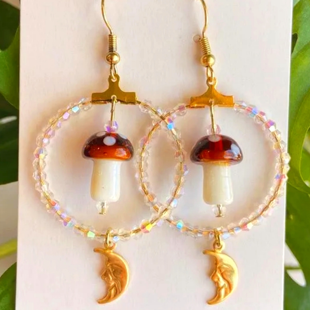 Hoop Earrings 18k Gold Plated Moons Long Dangle Sparkly Pagan Forest Festival